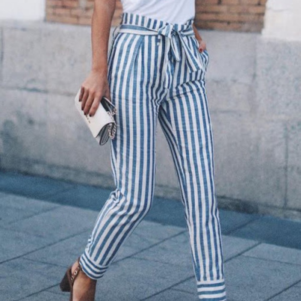 White and blue striped breadbasket pants